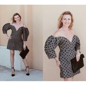 Wool-Blend Mini Dress Gray with Black Polka Dots, Puff Sleeves, Size 4